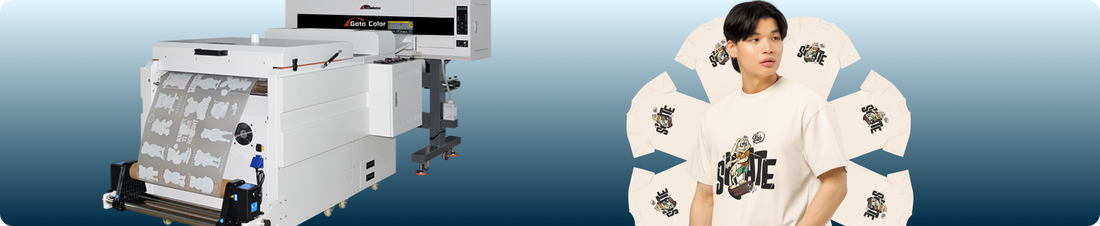 Direct-to-Film (DTF) printing machine creating custom heat transfer sheets for apparel. Model wearing a custom printed t-shirt surrounded by branded shirts — ideal for on-demand swag, corporate merch, and custom apparel