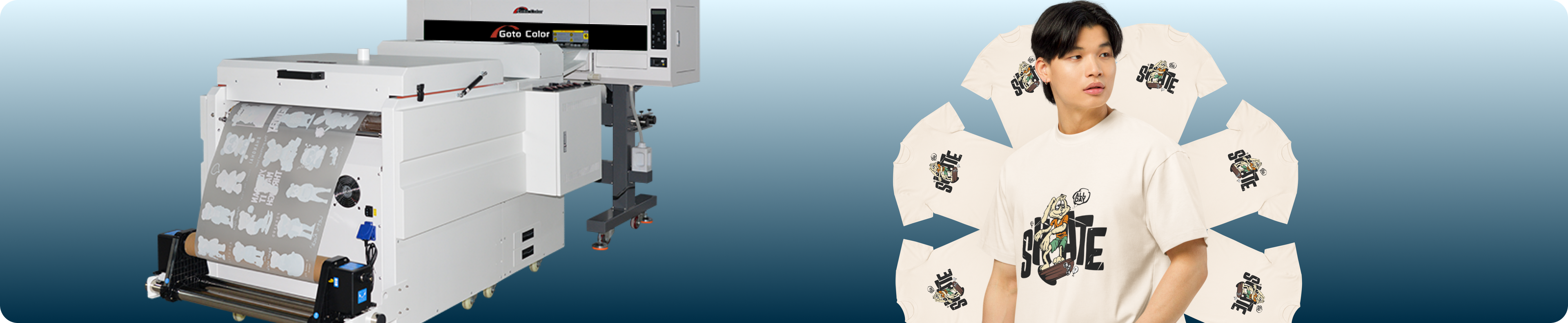 Direct-to-Film (DTF) printing machine creating custom heat transfer sheets for apparel. Model wearing a custom printed t-shirt surrounded by branded shirts — ideal for on-demand swag, corporate merch, and custom apparel
