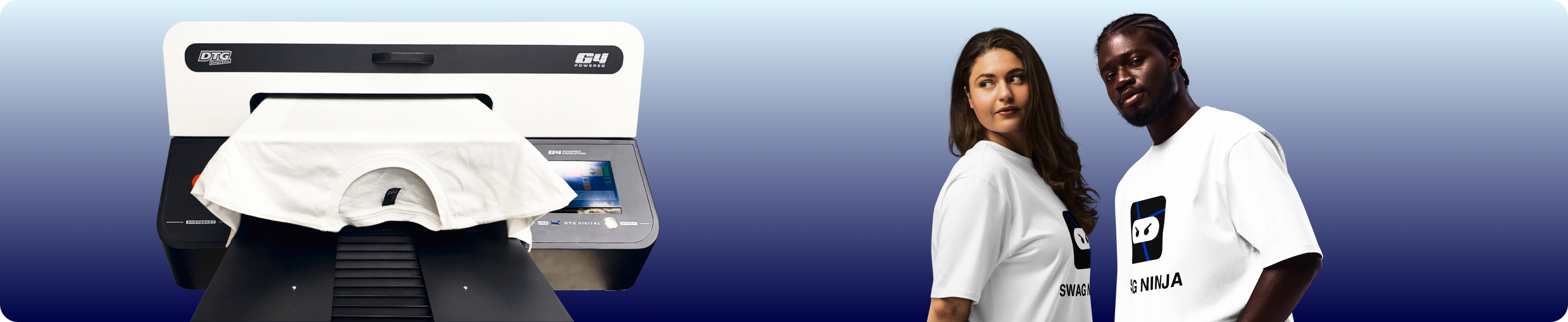 Direct-to-Garment (DTG) printer printing directly on a t-shirt. Two models showcase Swag Ninja branded shirts — fast, eco-friendly solution for custom company swag, employee uniforms, and personalized apparel.